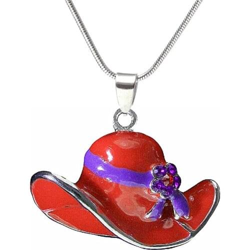 Drop Shipping Fashion Zinc Alloy Rhodium Plated Purple Ribbon Red Enamel Hats Pendants Snake Chain Necklaces For Women Girls
