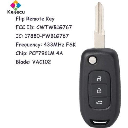 KEYECU Flip Remote Car Key With 3 Button 433MHz PCF7961M VAC102 Blade - FOB for Renault Kadjar Captur Megane 3 Symbol CWTWB1G767