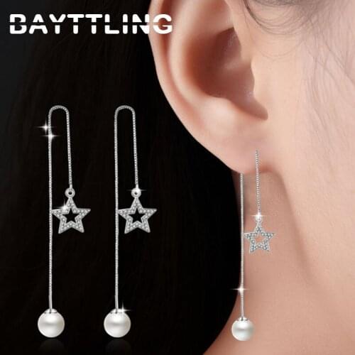 BAYTTLING 925 Sterling Silver 150MM Fine Shiny Zircon Star Pearl Drop Earrings For Woman Fashion Wedding Party Jewelry Gift