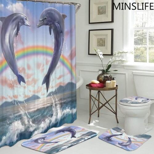 Double Dolphin Rainbow Loving Heart Waterproof Bathroom Shower Curtains Toilet Lid Cover Bath Mat Non-Slip Rug Set Home Decor