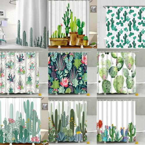 Home Decoration Creative Design Tropical Flowers Cactus Polyester Bath Tub Shower Curtain with Hooks Rings All Sizes