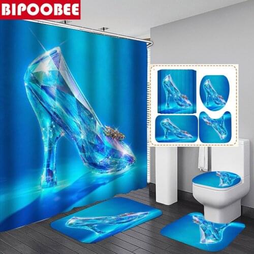 Crystal High Heels Bathroom Curtains Set Blue Bath Mat Sets Fabric Shower Curtain with Hooks Non-slip Carpet Washroom Home Decor