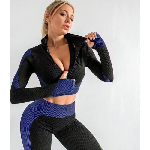 Women Sport Shirt Long Sleeve Seamless Finger Cuff Zipper Crop Top High Collar Fitness Yoga Jacket Workout Sportswear