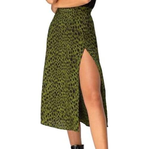 Women Summer High Waist Boho Floral Leopard Printed Side Split A-Line Midi Skirt