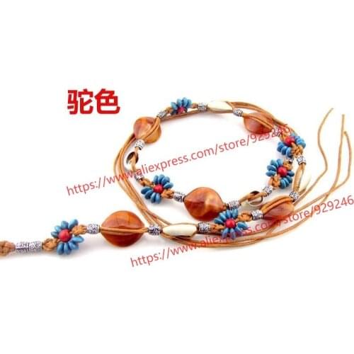 1pcs/lot camel dark brown waxed rope with beads stones bohemian style rope woman braided rope belt dress decorative waistband