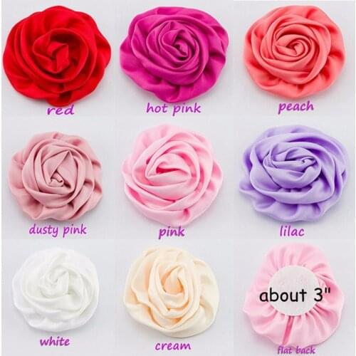120pcs/lot 3" Hair Clip Matte Satin Silk Flowers For Kids Hair Accessories Artificial Rolled Rosette Fabric Flowers For Headband