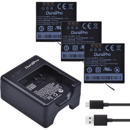 3Pcs AZ16-1 Xiaomi YI2 4K Replacement Batterries + USB Dual Charger for Xiaomi yi 2 4K Action Sports Cameras