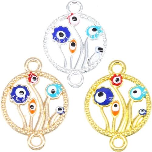 6pcs Enamel Jewelry Components Gold/Silver Plant Evil Eye Charm Connectors Accessories For Women Men DIY Connect Jewelry Making