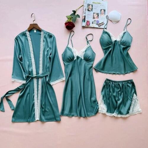 Satin Sleepwear Sleep Set Women Pajama Suit Casual Kimono Bathrobe Gown Lace Nightwear Pijama Sexy Home Clothes PJS Nightgown