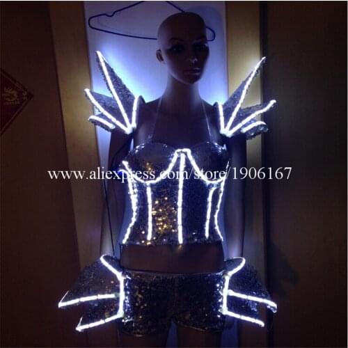 White Color Led Light Flashing Sexy Women Suit Dress Costume Led Luminous Sexy Lady Bra Vest And Pants Suit For Party DJ Club