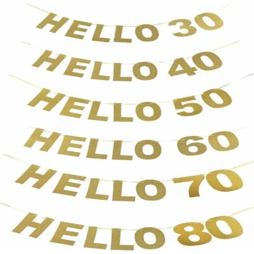 Glitter Gold Hello 30 40 50 60 70 80 Happy Birthday Banner Garland Anniversaire Adult Party Decoration Supplies Pull Flower