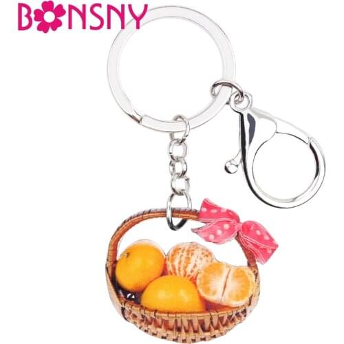 Bonsny Statement Acrylic Basket Orange Tangerine Key Chains Keychains Ring Cute Fruit Jewelry For Women Girls Gift Bag Charms
