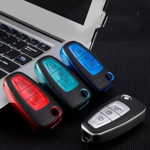 Leather TPU Key Case For Car For Ford Focus 2 3 MK3 ST RS Ecosport Fuga Escape Fiesta Fold Fey 3 Button Auto Key Shell Chain