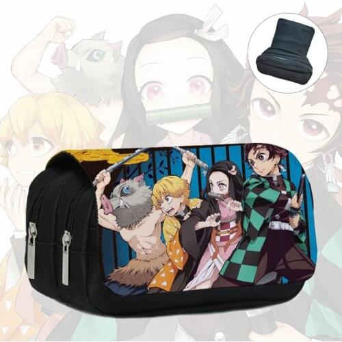 Demon Slayer Anime Pencil Case Kid Stationery Bag Canvas Large Capacity Double Zipper Kamado Tanjirou Nezuko Catoon Storage Bag