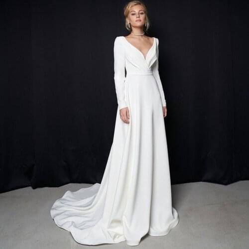 Long Wedding Dresses 2021 Robe De Mariee Modest Full Sleeves V Neck Pleats A Line Simple Jersey Bridal Gowns