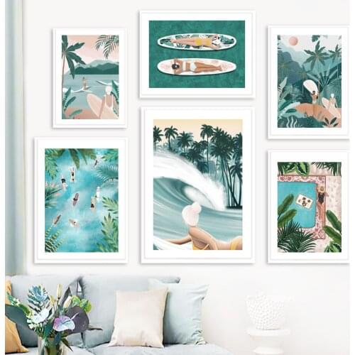 Tropical Sea Surfboard Coconut Tree Woman Wall Art Canvas Painting Nordic Posters And Prints Wall Pictures For Living Room Decor