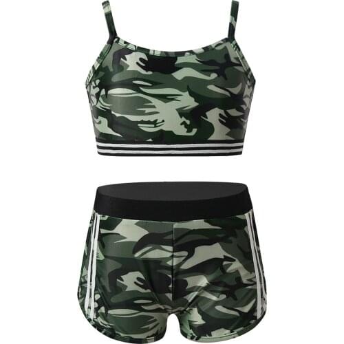 Kids Girls Camouflage Clothes Sets Children Sling Crop Top + Shorts Outfits Gymnastics Athletic Leotards Tracksuit Sets for Girl