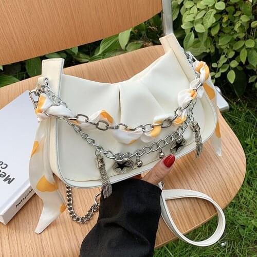 Small Square Shoulder Bags for Women Casual Chain Crossbody Bags Silk Scarf Designer Ladies Tote Handbags Pleated Messenger Bag