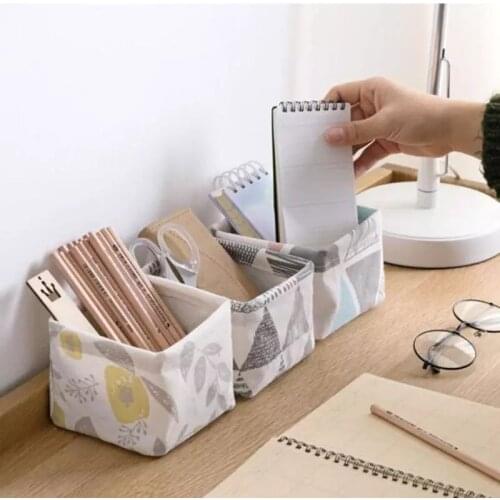 Mini Foldable Sundries Storage Basket Cotton Linen Cute Printing Cosmetics Container Storage Box Plant Basket Desktop Organizer