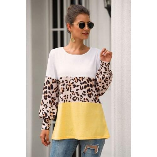 Modern Fashion Casual Womens Round Collar Long Sleeve Splice Leopard Print Impact Loose Color T Shirt
