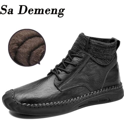 Winter Mens Boots Mens Split Leather Ankle Boots Warm Plush Snow Boots Outdoor Work Boots Autumn Men Shoes 38-48