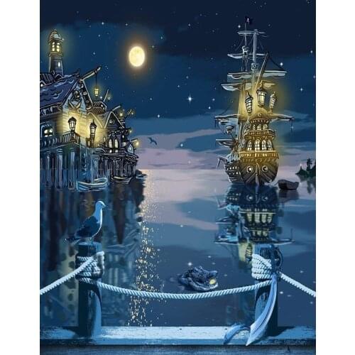 Neverland ship sea ocean full moon night light photography backgrounds Computer print party photo backdrop