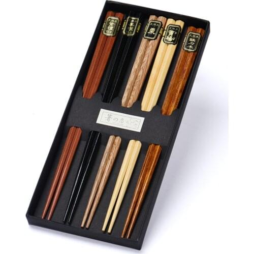 5 Pairs Japanese Korean Chopsticks Reusable Natural Wooden Sushi Chopsticks Set Kitchen Wooden Cutlery Eco-friendly Handmade