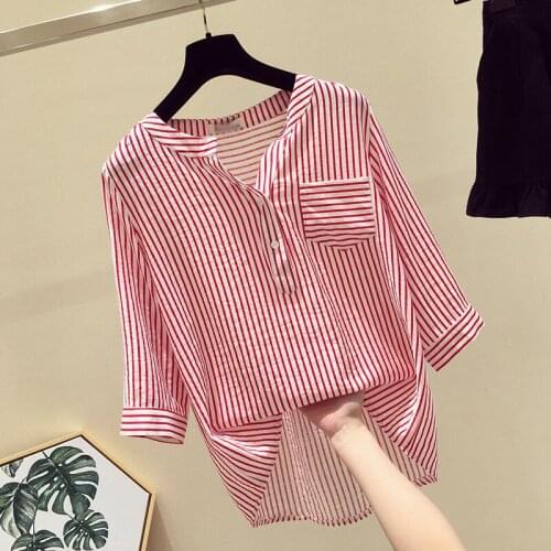 Striped Shirt Female New Summer Chiffon Loose V Collar Blouse Clothes Three Quarter Sleeved Casual Fashion Girl Top Shirts H9006