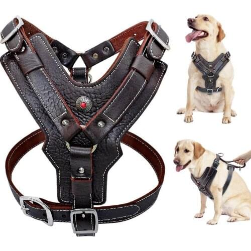 Large Dogs Harness Genuine Leather Adjustable Dog Vest Durable Harnesses Quick Control with Handle Pet Supplies for K9 Labrador
