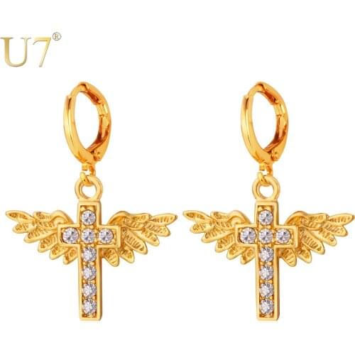 U7 Cross Jewelry Angel Wings Earrings For Women Gold Color Crystal Fashion Jewelry Wholesale Religious Drop Earrings E675