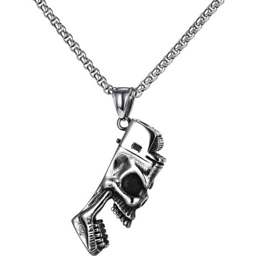 Unique Design Skull Lighter Corkscrew Necklace Men Vintage Stainless Steel Pendant Hip Hop Jewelry Statement Necklaces Wholesale