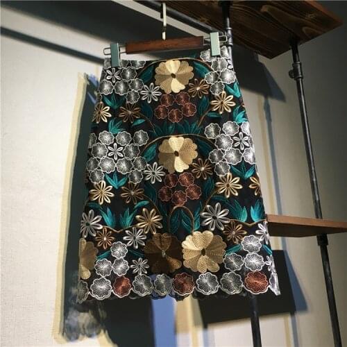 Vintage Floral Embroidered High Waist Skirt Women Office Lady Elegant Knee-Length Lace Skirt Party Streetwear Casual Skirts