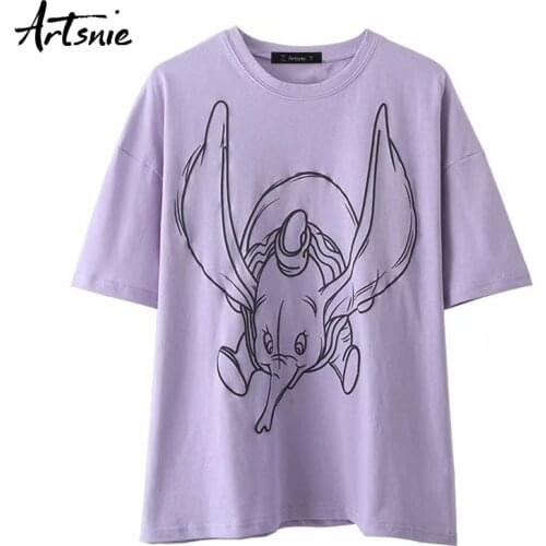 Artsnie streetwear purple dumbo print women t shirt summer 2020 o neck short sleeve casual tops female cartoon oversized t-shirt