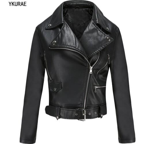 Women Leather Jacket PU Female Coats Punk Autumn Winter Zipper Motor Biker Outerwear New Womens Jackets With Belt EU Size FL001