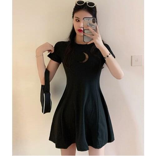 Summer Dress Women Chest Moon Hollow Out O-neck Short Sleeve Sexy Skinny Short Mini Gothic Dresses Black Khaki 2020