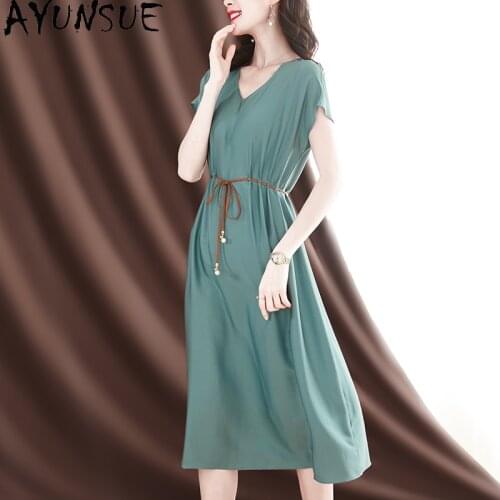 AYUNSUE Real Silk Dress Women Summer 2021 Elegant High Quality Beach Dress Female V Neck Midi Dresses Vestido De Mujer KJ6520