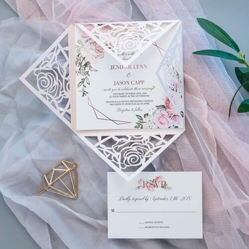 1pcs Rose Design Square Blush Light Pink Romatic European Wedding Invitation Cards Personalized Printing with RSVP Card Envelope
