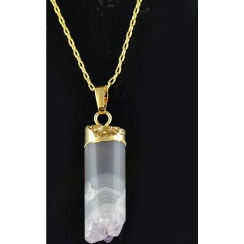 5pcs Natural Druzy Geode Purple Crystal Cylinder Shape Pendant Necklaces For Men and Women Jewelry