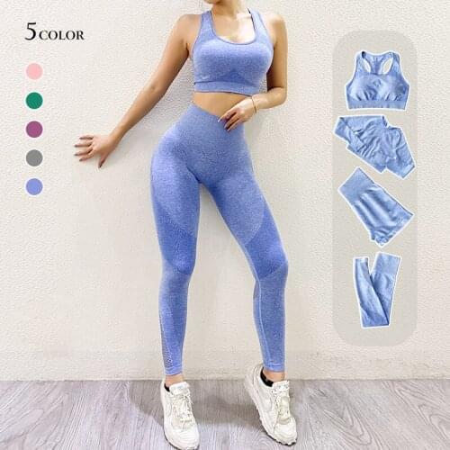 4pcs Seamless Women Yoga Suit Long Sleeve Crop Top Yoga Bra Shorts Shirts High Waist Running Leggings Workout Sports Set
