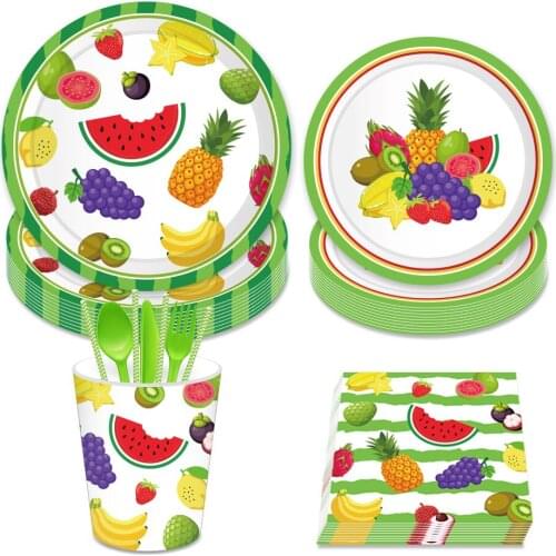 Fruit Theme Party Decorations Cartoon Strawberry Watermelon Disposable Plates Napkins Cups Tableware Sets Birthday Party Favors