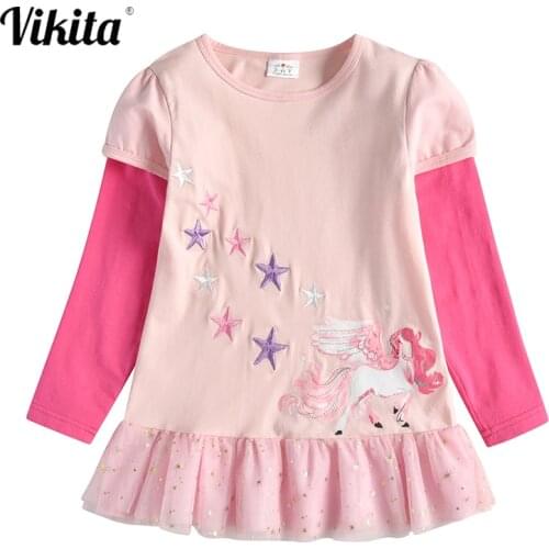 VIKITA Girls T shirt Embroidery Children Unicorn Cartoon Tops Kids Patchwork Long Sleeve Cotton Mesh Tees Children Clothing
