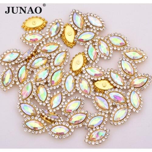 JUNAO 30pcs 5*10mm AB Color Sewing Glass Rhinestones Gold Claw Strass Appliques Sew on Horse Eye Crystal Stones For Needlework