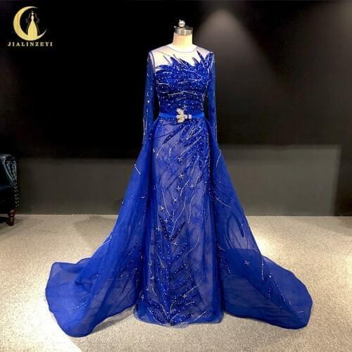 Rhine real Pictures Navy blue Long sleeves beads with velet Luxurious evening dresses long 2020