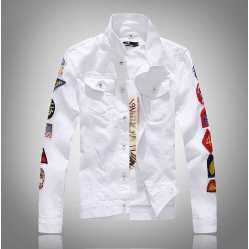 American Streetwear Fashion Men Jackets White Green Color Patches Designer Punk Denim Jacket Men Cotton Coats Hip Hop Chaqueta