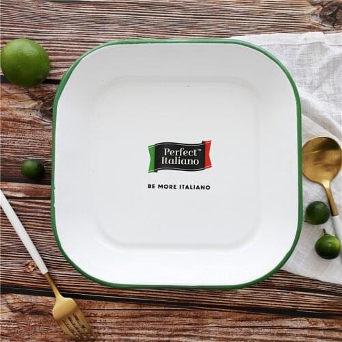 L / W 25 cm Retro square Nostalgic Breakfast Thickened Dishes Dish Enamel Baked Rice Plate Baking Plate