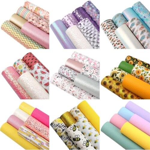 David angie 6pcs/lot 20*33cm Flowers Printed Faux Synthetic Leather Fabric Set for Bows Sheets in Crafts DIY Handmade,1Yc10558