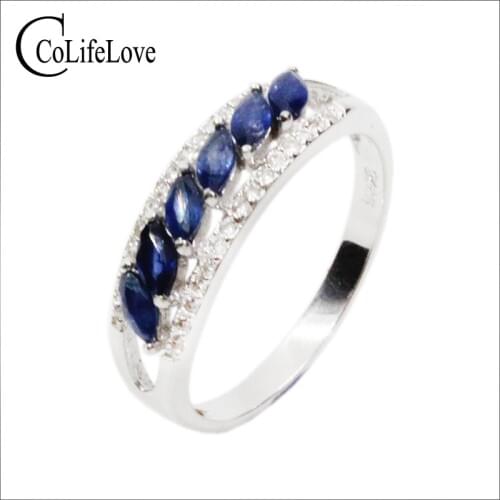 2017 new fashion sapphire silver ring 6pcs 2mm*4mm natural midnight blue sapphire silver ring solid 925 silver gemstone ring