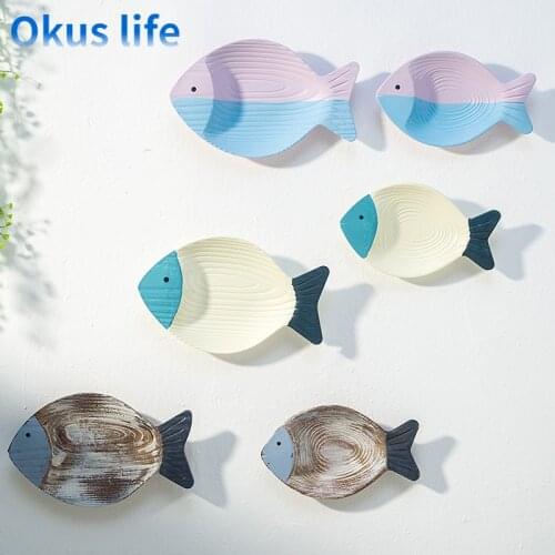 New 2pcs Wood Mediterranean Ocean Wall 3D Polishing Process Fish Wall Decoration Hanging And Table Dishes Hotel Decorate