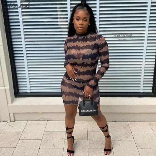 Macheda Autumn Sexy Mesh See through Slim Dress Women Fashion Printing Long Sleeve O Neck Clothing Lady Bodycon Mini Dresses New
