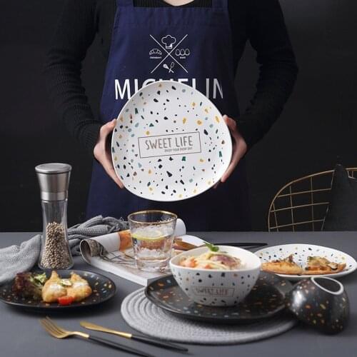 Nordic Tableware Dishes Terrazzo Ceramic Plate Bowl Creative Western Plate Bowl Set Breakfast Bowl Plate INS Style Tableware